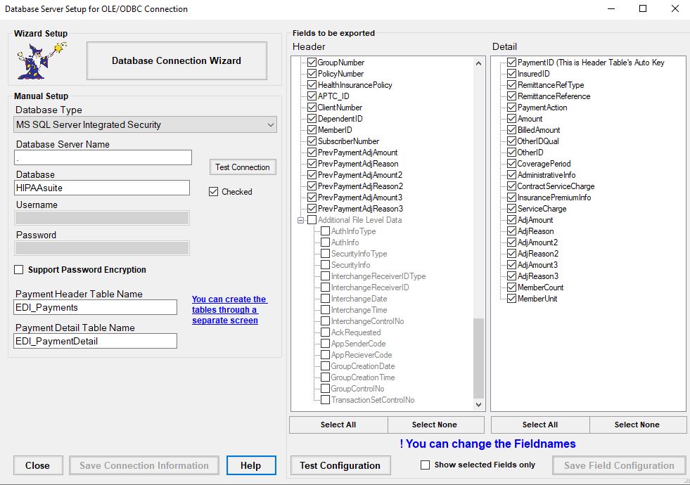 The "Database Server Setup for OLE/ODBC Connection" window. The "Database Server Setup for OLE/ODBC Connection" window.