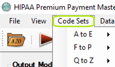 The "Code Sets" tab and its sub-menus. The "Code Sets" tab and its sub-menus.