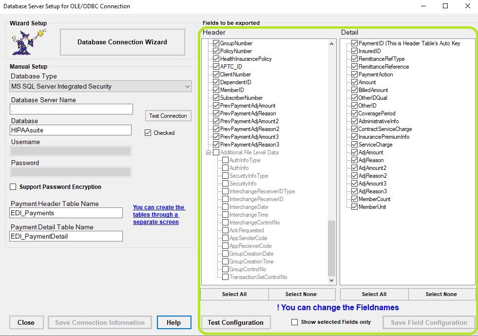 Choose the fields to include in your database tables.