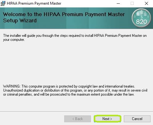 The HIPAA Premium Payment Master Setup Wizard Window.