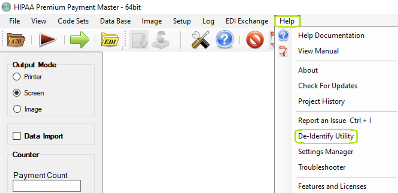 The "De-Identify Utility" menu. The "De-Identify Utility" menu.