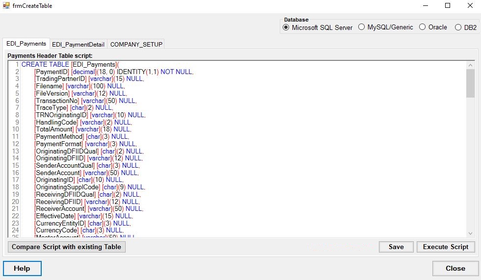 The "Create SQL Tables" window.