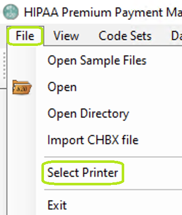 The "Select Printer" option from the "File" tab. The "Select Printer" option from the "File" tab.