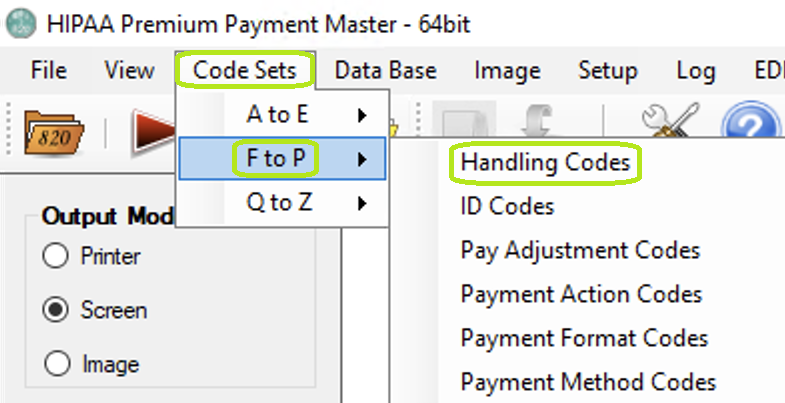 The "Handling Codes" option is under the "F to P" sub-menu. The "Handling Codes" option is under the "F to P" sub-menu.
