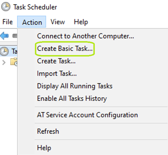 The "Create Basic Task" option is under the "Action" menu item.