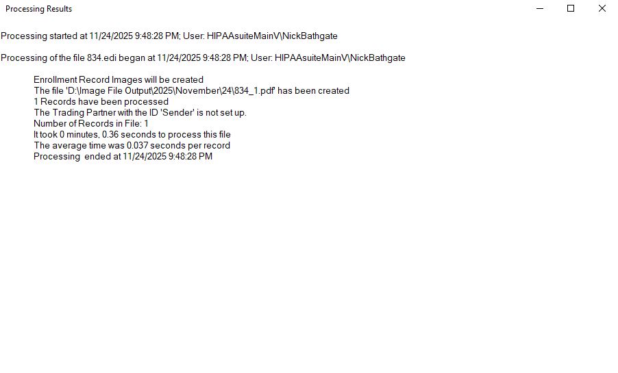 The "Processing Results" window.