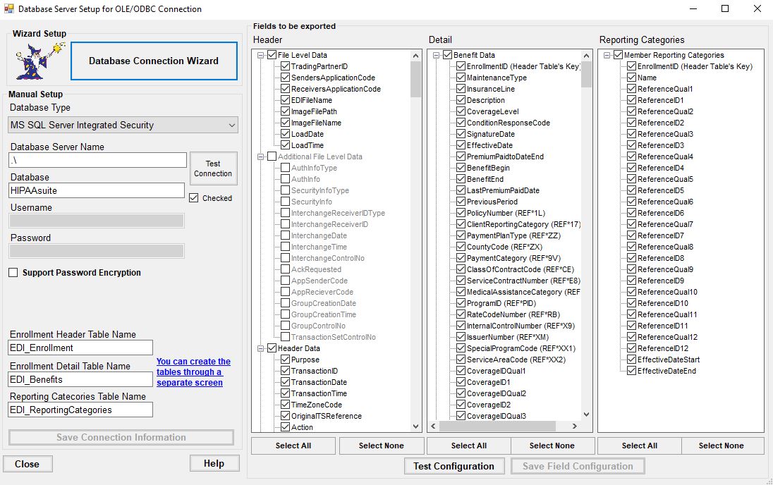 The "Database Server Setup for OLE/ODBC Connection" window. The "Database Server Setup for OLE/ODBC Connection" window.