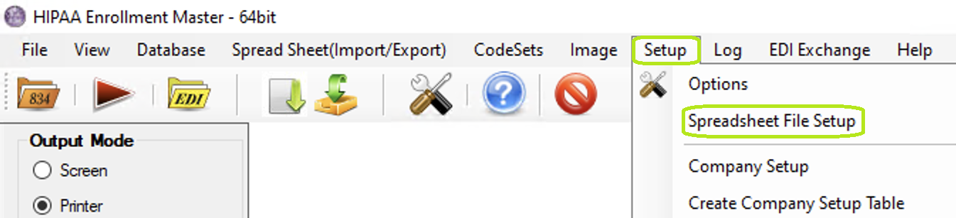 The "Setup" menu and "Spreadsheet File Setup" button. The "Setup" menu and "Spreadsheet File Setup" button.