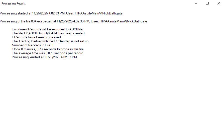 The "Processing Results" window.