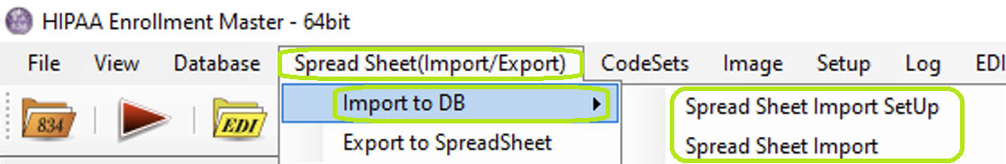 The "Import" option is under the "Spreadsheet (Import/Export)" tab.