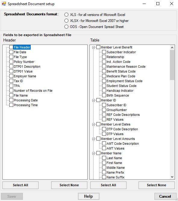 The Spreadsheet File Setup" window. The Spreadsheet File Setup" window.