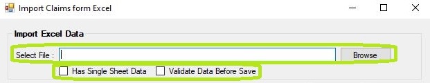 The Import Excel Data box within the Import Claims from Excel window. The Import Excel Data box within the Import Claims from Excel window.