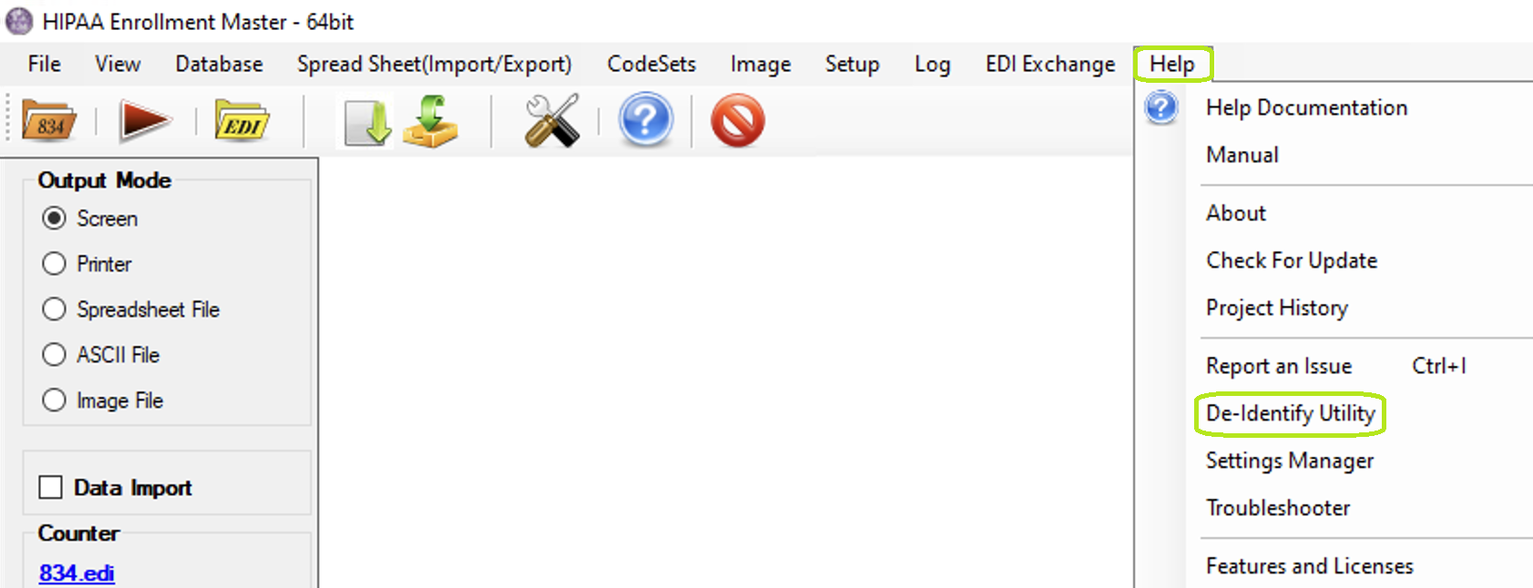 The "De-Identify Utility" menu. The "De-Identify Utility" menu.