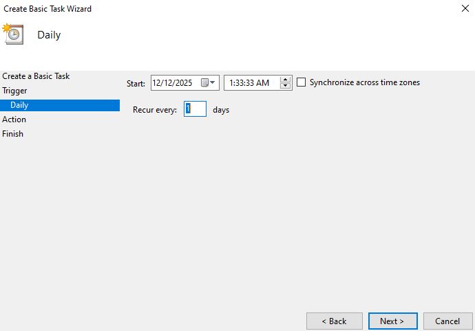 Determine a starting date, the time of day you want it to run, and how often you want this task to be completed.