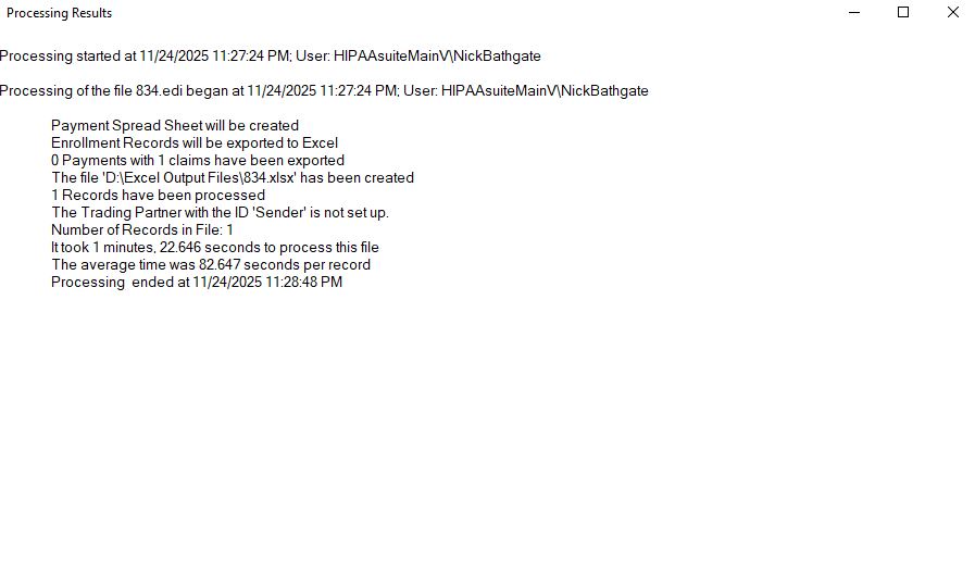 The "Processing Results" window.