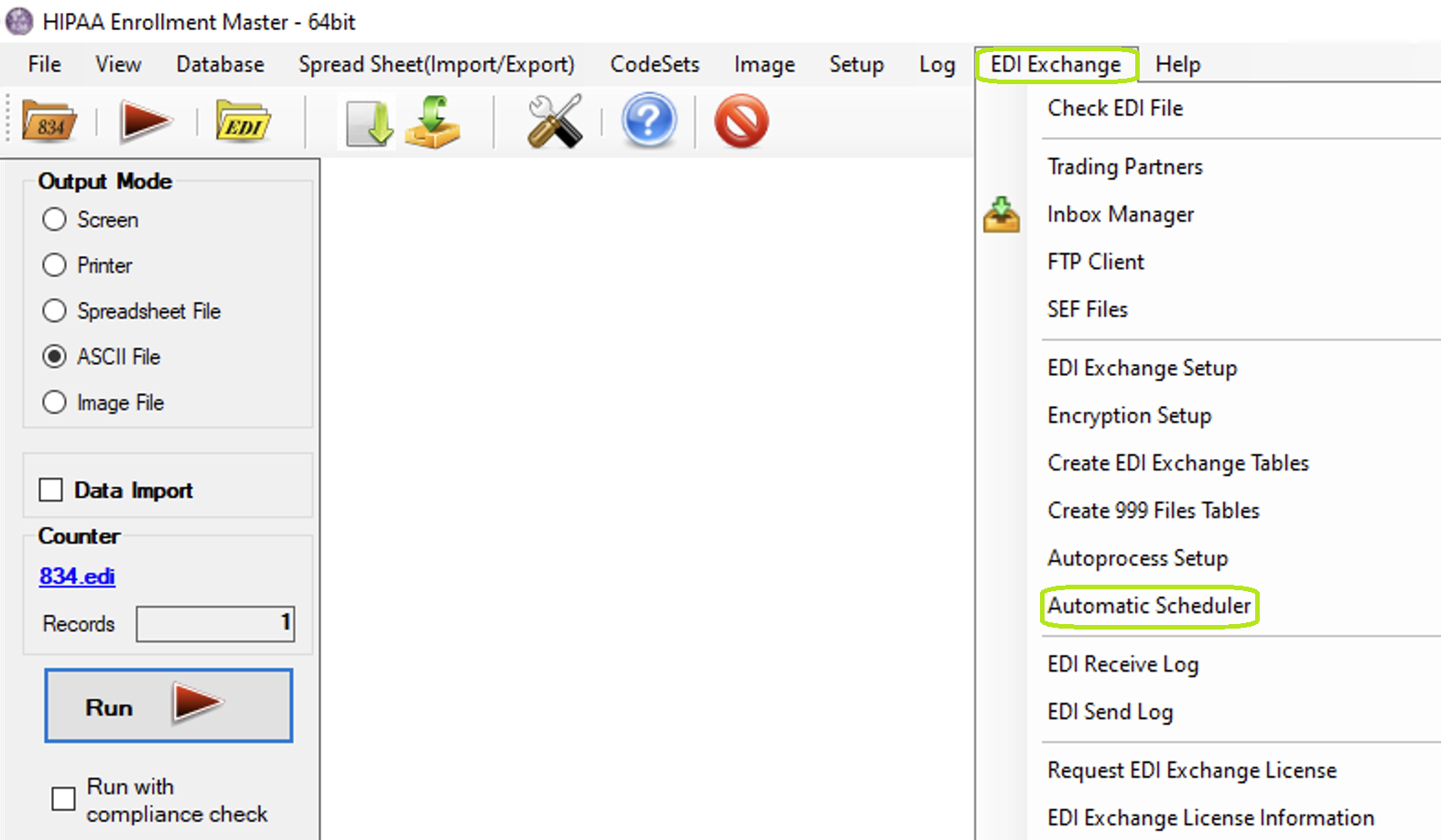 The "Automatic Scheduler" option is under the EDI Exchange tab.