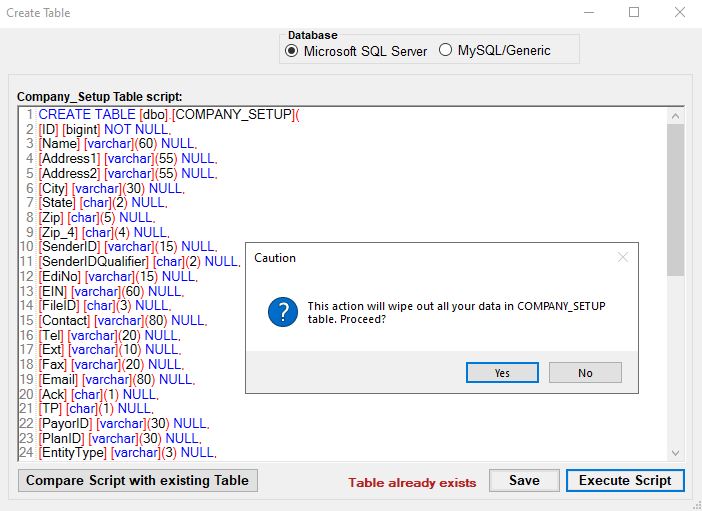 "Company Setup Screen - Execute Script Confirm."