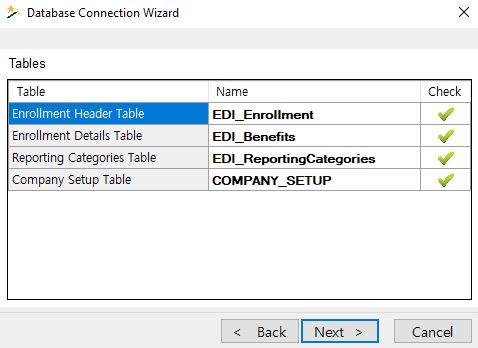 A green check mark means the table exists.