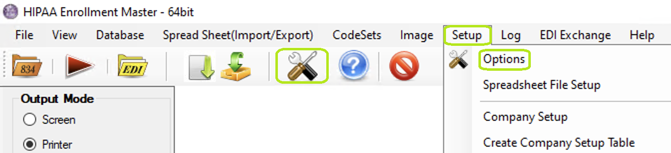 The "Setup" menu and "Options" button.