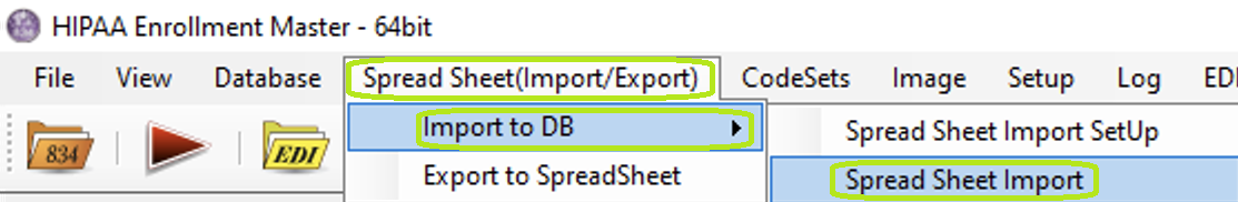 The Spreadsheet Import option under the Spread Sheet(Import/Export) tab in the main window. The Spreadsheet Import option under the Spread Sheet(Import/Export) tab in the main window.