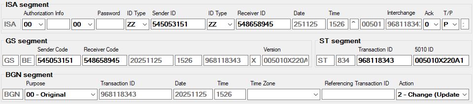 The different EDI segments available to fill out.