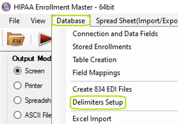 The "Database" menu and "Delimiters Setup" button.