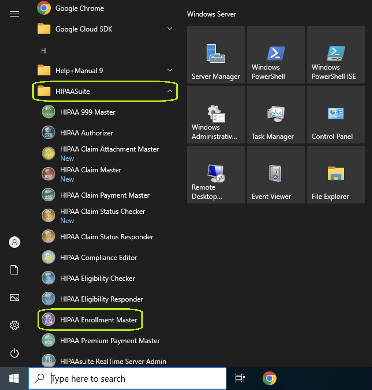 The HIPAA Enrollment Master application is launched from the "Start" menu.