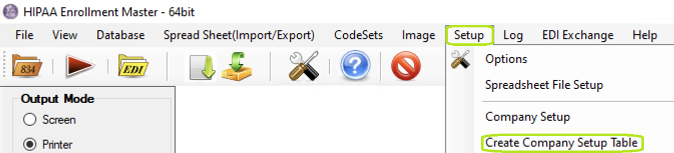 The "Setup" menu and "Create Company Setup Table" button.