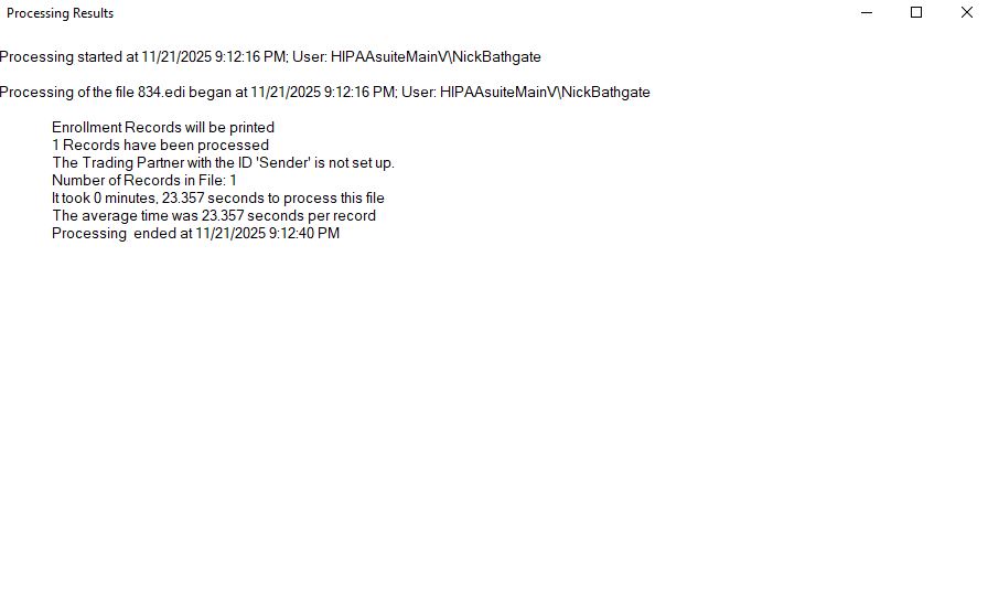 The "Processing Results" window.