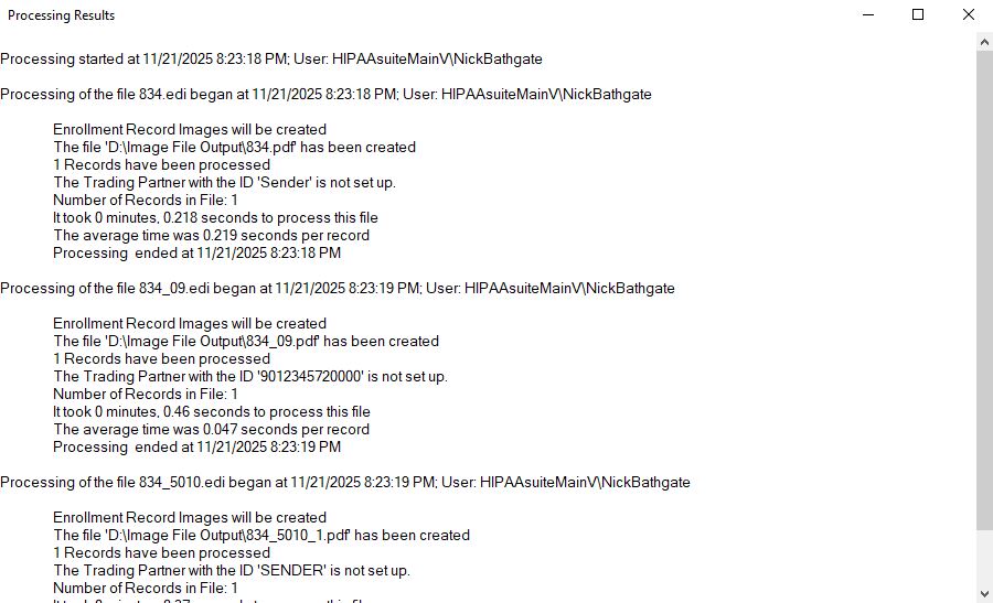 The "Processing Results" window.