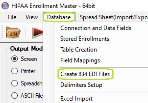 The "Create 834 EDI Files" optionis under the "Database" tab.