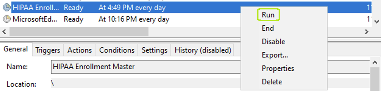 The "Run" option is under the task's drop-down menu.