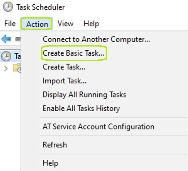 The "Create Basic Task" option is under the "Action" menu item.