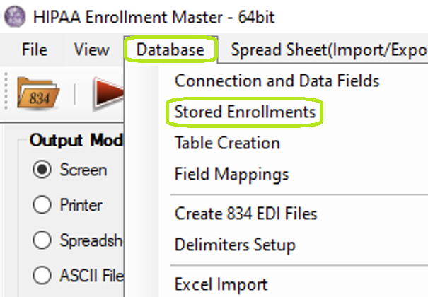 The "Stored Enrollments" option is under the "Database" tab.