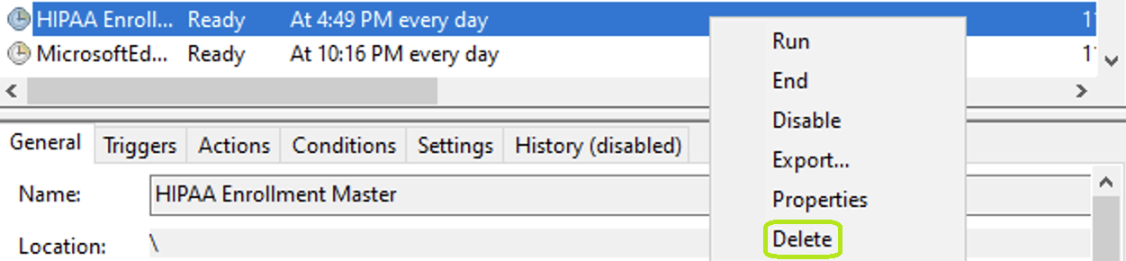 The �Delete� option is under the task�s drop-down menu.