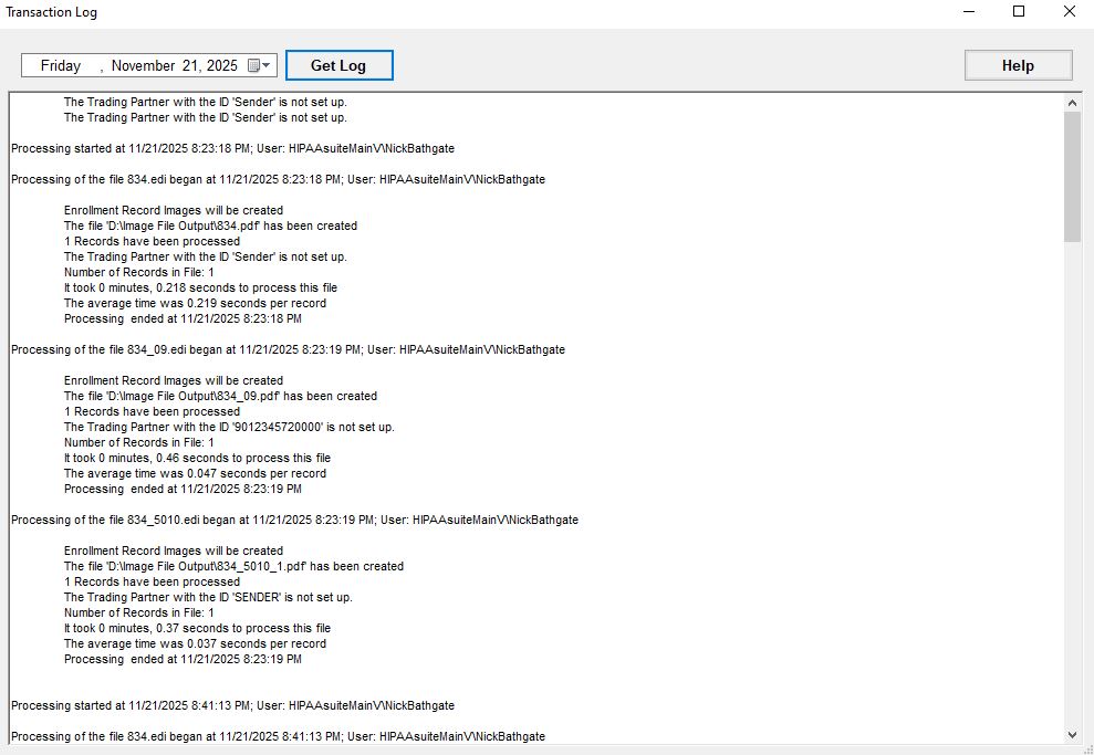 The "Transaction Log" window with results.