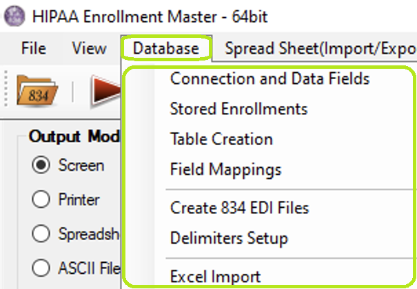 The "Database" tab and options in the main window.