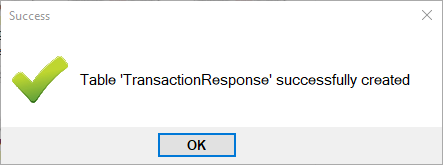 The success message window if a table was created.