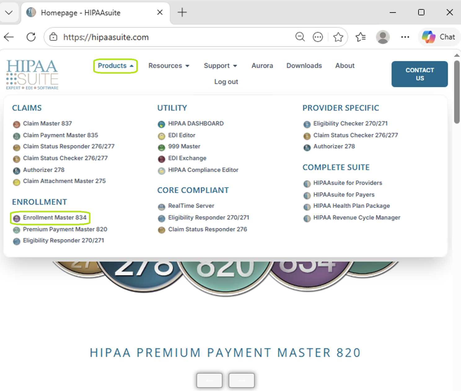 The "Enrollment Master 834" option is under the Products drop-down menu. The "Enrollment Master 834" option is under the Products drop-down menu.