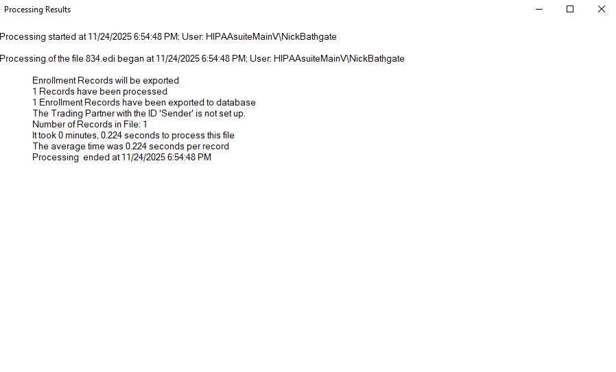The "Processing Results" window after importing to the database.