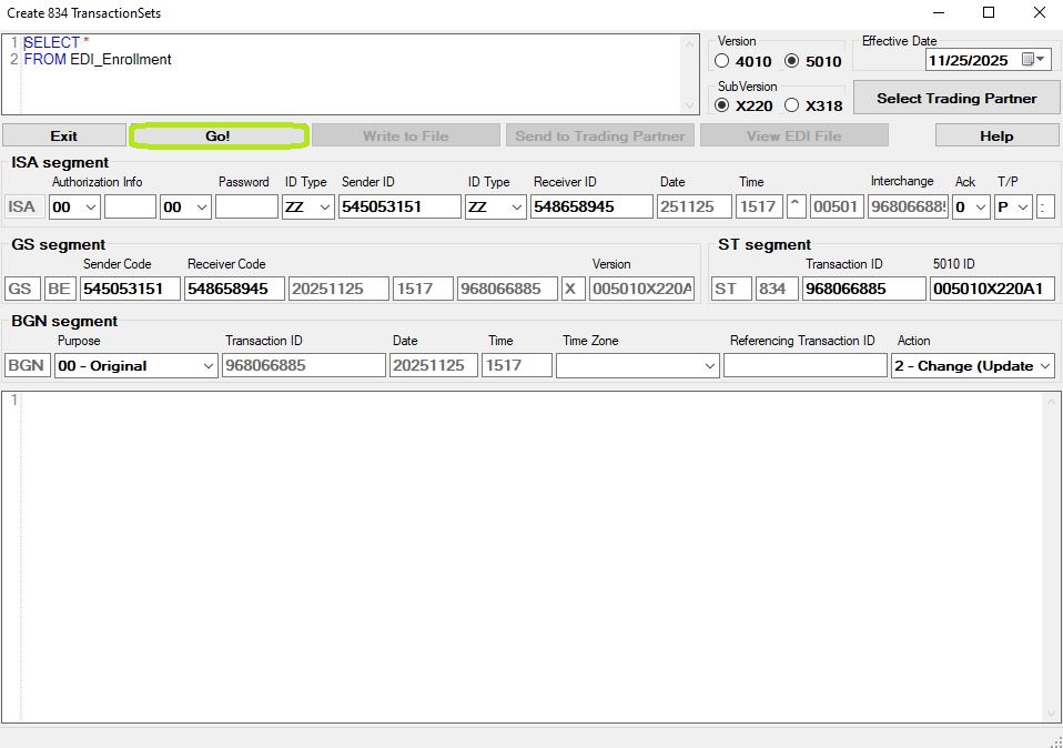 Click the "Go!" button to create the 834 EDI files.