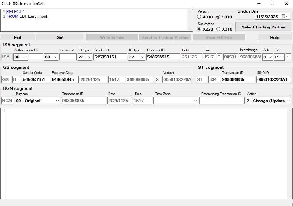The "Create 834 Transaction Sets" window.