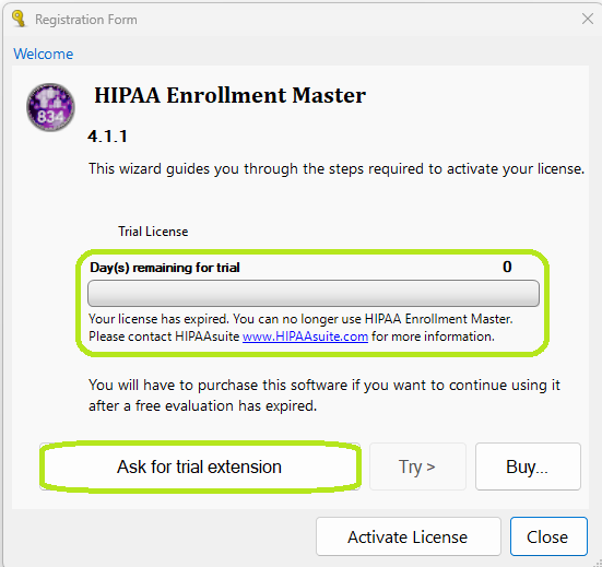 The �Registration Form� window shows an expired trial license.