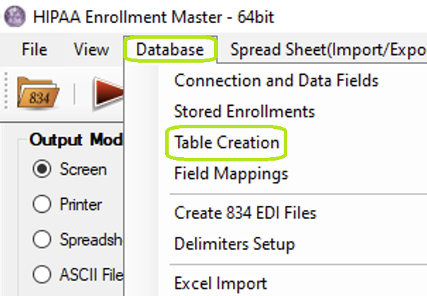 The "Table Creation" menu.