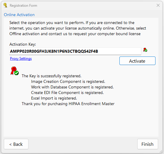 The "Registration Form" window with a successful key activation for a trial renewal.