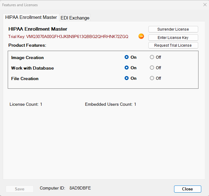 The "Features and Licenses" window provides different options to customize the application and add-ons.