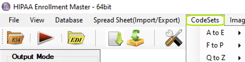 The "CodeSets" tab and its sub-menus.