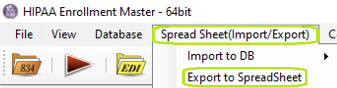 The "Export to SpreadSheet" option is under the "Spread Sheet (Import/Export)" tab. The "Export to SpreadSheet" option is under the "Spread Sheet (Import/Export)" tab.