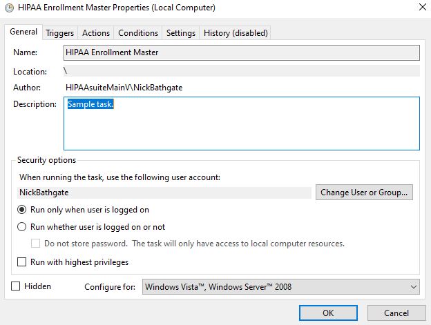 The "HIPAA Enrollment Master Properties (Local Computer)" window.