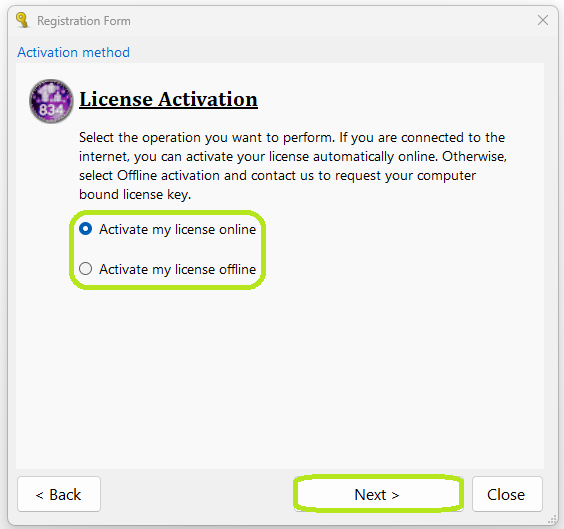 Choose between online or offline activation.